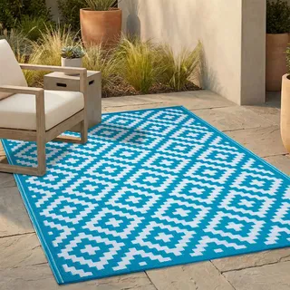 FH Home Outdoor-Teppich - wasserfest, farbecht, wendbar - recycelter Premium-Kunststoff - Geometrisch- Terrasse, Veranda, Wintergarten, Camping, Wohnmobil - Aztec - Petrol & Weiß knitterfrei 180 x 270