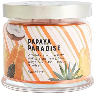 PartyLite Papaya Paradise 3-Docht-Kerze mit fruchtigem Duft von Papaya, Kokosnuss und Vanille - Brenndauer 25-45 Stunden - Glastopf, Wachs, Metalldeckel - 9 cm hoch, 11 cm breit