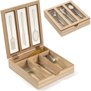 JUJOYBD Besteckkasten mit Deckel aus Holz 4 Fächern, Besteckbox für Schublade und Arbeitsplatte, Besteckeinsatz mit Sichtfenster für küche wohnwagen party oder camping