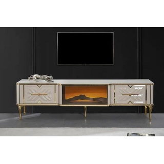 JVmoebel TV-Schrank Wohnzimmer RTV Lowboard Weiß + gold Kamin Luxus Exclusive (1-St., TV-Lowboard) Made in Europa weiß