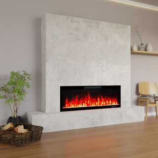 Glow Fire Fernsehwand mit Kamin 'Inside 126' mit Seitenfach| Cinewall mit Elektrokamin in Beton mit Heizung (1500 W) | BxHxT: 226,6x177x41,8 cm