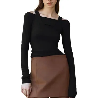 EMOTTOS Frauen Sexy Spitze-Up Tops, Slim Fit Swing Ausschnitt Langarm Crop Top, Weiches rückenfreies Off-Shoulder Lace-Up Long Shirt, Fashion Skinny Y2K Tee Shirt(Schwarz/Weiß, S-XL) - L