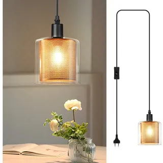 Nettlife Pendelleuchte Vintage Glas Gold E14 1 Flammig Esszimmer Hängelampe mit Stecker, mit Stecker und Schalter, LED wechselbar, Retro Esstisch Hängeleuchte für Wohnzimmer Küche schwarz