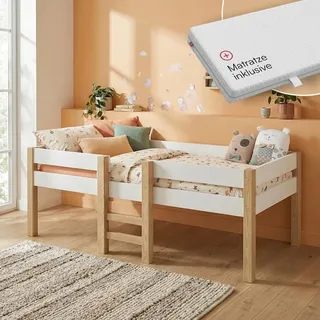Bellabino Aspy Kinderbett 90x200 cm – Hochbett mit Matratze, Rausfallschutz & Lattenrost – Halbhochbett mit Leiter aus Kiefer Massivholz in Weiß/Natur – Jugendbett für Jungen und Mädchen