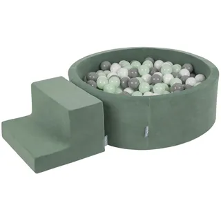 KiddyMoon Spielplatz Velvet Aus Schaumstoff Mit Rund Bällebad (200 Bälle) + Stüfchen Ballgruben Für Babys Spielbad, Hergestellt In EU, Waldgrün: Weiß/Grau/Minze