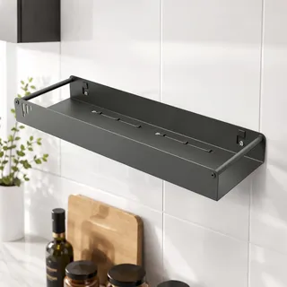 PARFCO 40 cm Gewürzregal Hängend, Gewürzregal Wand Ohne Bohren mit 6 Haken, Küchen Wandregal aus Kohlenstoffstahl, Graues Gewurzregalsystem Wand, für Gewürzgläser, Gewürze, Öl