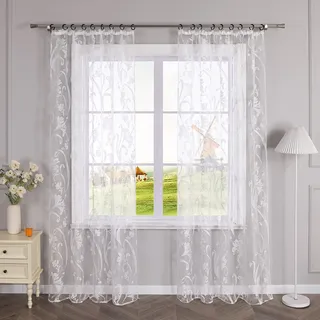 CORLIF Voile Gardine mit Kräuselband Vorhang Ausbrenner Muster Transparente Gardinen Wohnzimmer Schlafzimmer Gardinenschals Weiß BxH 140x260cm 1 Stück