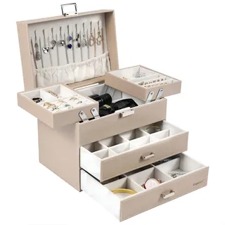 Dajasan Schmuckkästchen, Schmuckaufbewahrung, 4 Ebenen Schmuckschatulle mit 2 Schubladen, Groß Schmuckbox für Schminktisch, Modern, Geschenk für Frauen & Mädchen (Champagnerfarbe)