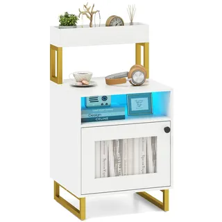 COSTWAY Nachttisch mit LED, oberem Tablett, offenem Fach, Schrank mit Tür, weiß.