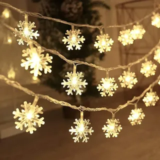 Schneeflocke Lichterkette Warmweiß, Lichterkette Innen Batteriebetrieben 6M 40LEDs, Fenster Garten Party Weihnachten Deko - Weiß