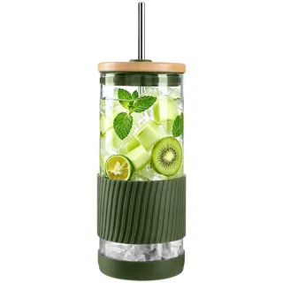 LOOFORE 630ml Glasbecher mit Deckel und Strohhalm, 1 Stück | BPA-frei, Eiskaffee Gläser, Smoothie Becher, Dosenförmige Glasbecher,Trinkgläser für Latte, Macchiato, Smoothie, Ice Coffee
