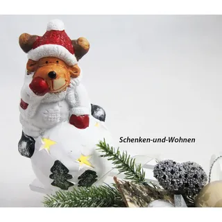 Keramik-Rentier auf Kugel LED weiß/rot 8 x 8 x 14 cm
