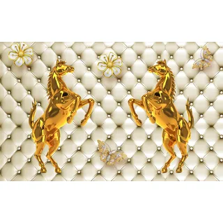 PAPERMOON Fototapete "Muster mit Pferden gold weiß" Tapeten Gr. B/L: 3,50 m x 2,60 m, Bahnen: 7 St., bunt Fototapeten