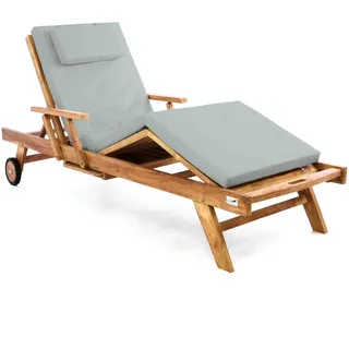 Divero Sonnenliege Holzliege Gartenliege Teak-Holz behandelt mehrfach verstellbar inkl. Räder Tablett + Liegen-Auflage 4-teilig wasserabweisend hellgrau