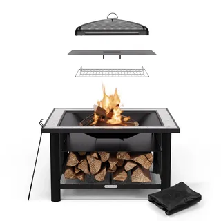 Blumfeldt Merano Avanzato Feuerschale - 3-in-1 Feuerschale Mit Grillrost & Tisch, Robuster Stahlrahmen, Terrazzo-Tischplatte, Inkl. Funkenschutz, Hitzeschild & Schürhaken, Für Garten & Terrasse