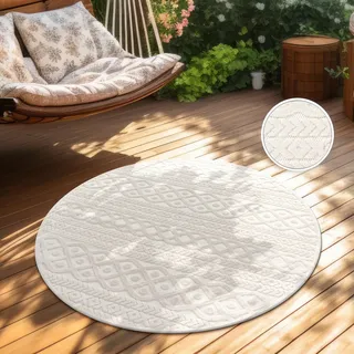 Paco Home Teppich In- & Outdoor, Moderne abstrakte Boho Designs mit 3D Struktur, robust & wetterfest, ideal für Terrasse Wohnzimmer & Küche, Grösse:120 cm Rund, Farbe:Creme 4