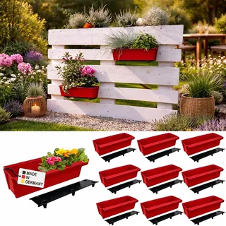 BURI 10 Euro-Paletten Blumenkästen-Einsätze inkl. Bewässerungsmatte | mit Hängesystem zum Einhängen | 37,3cm Rot | Pflanzkasten für Europalette Palette | Balkonkasten | Blumentopf | extrem stabil