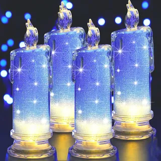 LED Kerzen, 7 cm X 18 cm Innen-Batterie Betriebene LED-Säule Kerzen, Elektrische Gefälschte Kunststoff-Kerzen, für Garten Hochzeit Weihnachtsdeko, Valentinstag und Party Deko, Blau, 4er-Set