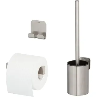 Tiger Colar Badaccessoire-Set, 3-teilig, Edelstahl gebürstet, bestehend aus Toilettenpapierhalter zur Wandmontage, Haken und WC-Bürste, Montage ohne Bohren Dank integrierter Klebefolie