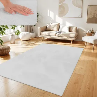 Paco Home Teppich Wohnzimmer Kunstfell weich waschbar modern elegant pflegeleicht Felloptik Uni Seidenglanz flauschig Hochflor, Grösse:140x200 cm, Farbe:Weiß