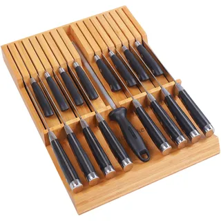 Utoplike Messerblock für die Schublade Bambus-Küchenmesser-Schubladenorganizer groß, mit Griff Steakmesserhalter ohne Messer, passend für 16 Messer und 1 Wetzstahl