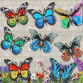 Jetec 8 Stück Metall Schmetterling Wandkunst Dekor, 3D Schmetterling Hängende Wanddekoration Skulptur für Balkon Terrasse Wohnzimmer Garten Outdoor Zaun Dekoration (Stilvoller Stil)