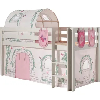 Vipack Hochbett Pino, Spielbett massiv Kiefer, stabil gebaut, 3 Korpusfarben zur Wahl (inkl. Rolllattenrost, Leiter und Absturzschutz, mit oder ohne Rutsche) Textil-Set "Astronaut", inkl. Vorhang, mit oder ohne Tunnel weiß 106 cm x 210 cm x 214 cm