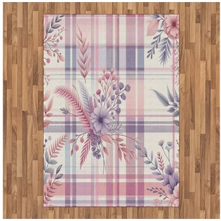 Teppich Flachgewebe Deko-Teppiche für das Wohn-,Schlaf-, und Essenszimmer, Abakuhaus, rechteckig, Pastellkaro Romantisches, sanftes Blumenmuster lila|rosa
