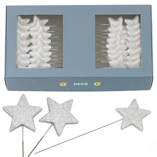 MIJOMA 60 glitzernde Sterne mit Draht 40mm zum Stecken Weihnachtsdeko Adventsgestecke Bastelmaterial Dekoration Drahtsterne Kunststoff Metalldraht winterliche Tischdeko DIY (Silber)