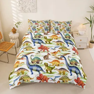 Loussiesd Cartoon Muster Bettwäsche Set Kinder Kids Dinosaurier Bettbezug mit 2 Kissenbezug 3 teilig 155x220cm+80x80cm Weiche Atmungsaktive Polyster Betten Set Dino mit Reißverschluss, Jungen