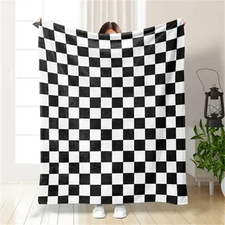 Chickwin Kuscheldecke Flauschig, Checkerboard Plaid Wohndecke Flanelldecke Soft Weiche Warm TV-Decke Mikrofaser Sofadecke Couchdecke Bettüberwurf Tagesdecke (150x200cm,Schwarz-Weiss)