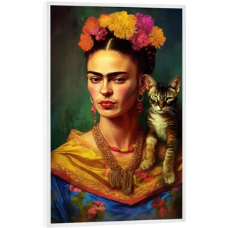 artboxONE Poster mit weißem Rahmen 30x20 cm Abstrakt Frida Kahlo mit Katze - Bild Frida Kahlo selbstportrait