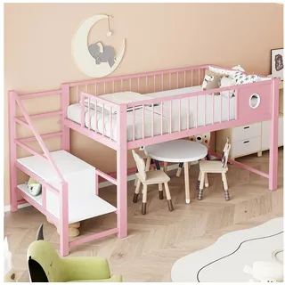 HAUSS SPOLE Hochbett 90x200 Metallrahmen-Halbhochbett,Kinderbett Aufbewahrungsleiter Rosa (Jugendbett Niedrig mit Aufbewahrungsleiter, Bettgestell mit Stauraum unter dem Bett) mit integrierter Leiter für kleine Schlafzimmer