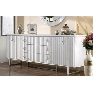 Casa Padrino Luxus Art Deco Sideboard Weiß / Silber 200 x 42 x H. 80 cm - Edler Massivholz Schrank mit 2 Türen und 3 Schubladen - Art Deco Möbel - Luxus Möbel