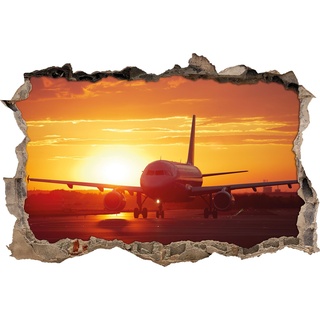 Pixxprint 3D_WD_2399_92x62 Landendes Flugzeug bei Sonnenuntergang Wanddurchbruch 3D Wandtattoo, Vinyl, bunt, 92 x 62 x 0,02 cm