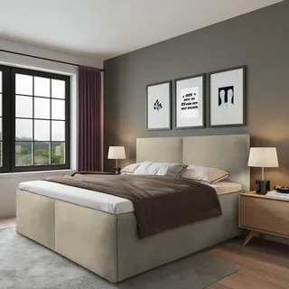 Halmon Schlafkomfort Betten Polsterbett Milano Beige 160 x 200 x 40 cm Stauraum Mit hochwertiger Matratze H3 (bis 120 kg) und Lattenrost