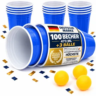 GOODS+GADGETS® 100x Partybecher Blau - Blue Cups 16 oz Beer Pong Set | 473 ml Kunststoff-Trinkbecher, wiederverwendbar & spülmaschinenfest - inkl. 3 Tischtennisbälle