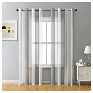 TUWENA Gardine 2er Vorhänge mit Ösen,Voile Gardinen Halbtransparent Streifen Stores, Moderner Wohnstil für Dekoration Kinderzimmer Schlafzimmer grau 140 cm x 145 cm