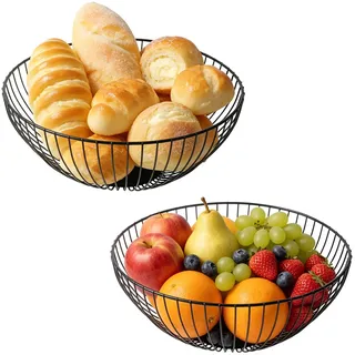 2 Stück Obstschale Metall 25x10.5cm Obstkorb Schwarz Matt Obstschale | Durchbrochener Dekorativer Obstkorb Aufbewahrung Drahtkorb Modern Geschenkkorb für Gemüse Obst Brot