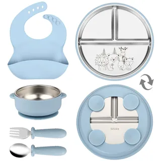 OXYEFEI Edelstahl Teller Baby,Kindergeschirr Set mit Tiermotiven Baby Teller mit Saugnapf Geburtstagsgeschenke für Babys, Taufgeschenke (Blau, Tier 1)