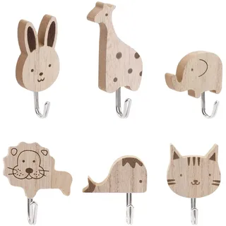 6 Stück Süße Tier Kindergarderobe Haken,Cartoon Holz Kleiderhaken Kinder | Selbstklebende Garderobenhaken Kinder,Kaninchen,Giraffe,Elefant,Löwe,Wal, Katze Wandhaken für Schlafzimmer Kinderzimmer