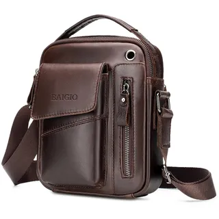 BAIGIO Umhängetasche Herren Leder Schultertasche Vintage Crossbody Bag Messenger Herrentasche zum Umhängen Ledertasche Männer Tasche mit Verstellbarem Gurt für Business Arbeit Reise, Kaffee