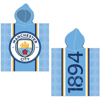Manchester City Kinder Kapuzen Bade-Poncho Logo Blau 60 x 120 cm 100% Baumwolle Veloursqualität Bademantel Pareo Badetuch Strandtuch Duschtuch Handtuch Fußball Etihad Stadium Football Citizens