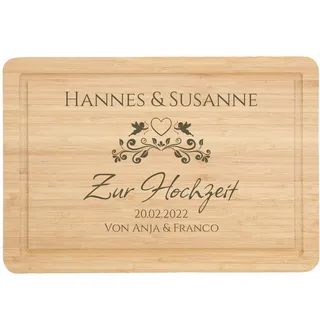 Personalisiertes Schneidebrett aus Bambus für Brautpaar Hochzeitsgeschenk mit Gravur Geschenk zur Hochzeit für Hochzeitspaar mit Name und Datum nach Wunsch - Motiv: Herz und Engel