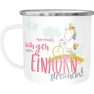 MoonWorks Emaille Tasse Becher Einhorn Spruch mir reicht`s ich geh mein Einhorn streicheln Einhorn Kaffeetasse weiß-metall unisize