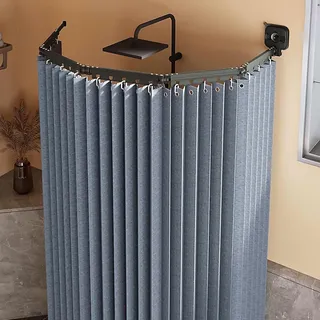 Generisch Duschvorhang Ohne Bohren Mit Stange, Duschvorhangstange L/U Form, Superstarker Saugnapf, Faltbarer Verstellbarer Winkel Schimmelresistent Duschvorhänge Für Badewanne,Gray Blue,3 Folds