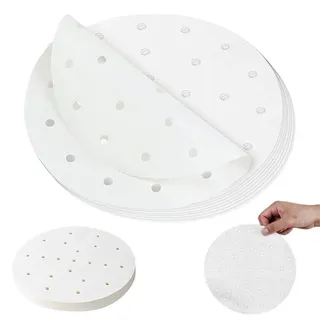 100er-Set Airfryer-Einlagen (5/6/7/8/9 Zoll erhältlich), Bambus-Dampfpapier, geeignet für Heißluftfritteusen/Backen/Kochen/Dämpfen (weiß), 8 Zoll