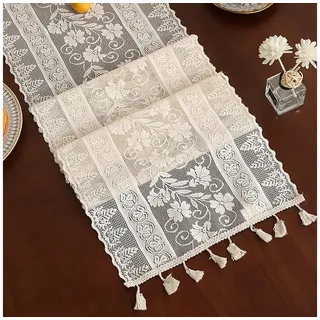 FOUORTUNATE-BEE Tischläufer Spitzen Tischläufer Bestickter Spitze Tischläufer mit Blumen Muster (Vintage Tischläufer Spitzentischdecken Rechteckige Tischdecke, für Haus, Esszimmer, Hochzeit Party-Dekoratio) beige 30 cm x 180 cm