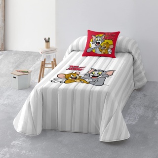 Belum Bouti-Tagesdecke Tom & Jerry, wendbar, Zwei Designs in Einer Bouti-Tagesdecke, 100 g, Modell Tom & Jerry Basic - Schwarz & Weiß, Bouti-Tagesdecke für 90 cm Bett (190 x 270 cm)