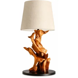Möbel Bressmer IKAL Treibholzlampe 82 cm – handgefertigte Tischlampe aus massivem Teak-Wurzelholz mit Leinen-Lampenschirm | Rustikale Tischleuchte in verschiedenen Farben (Natur)